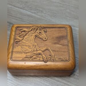 Hinged Etched Laser Carved Horse Wooden Trinket Box